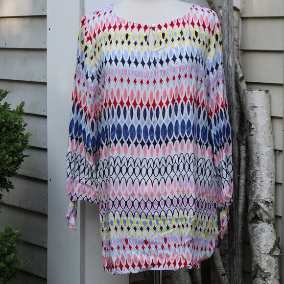 Talbots Multicolor Diamond Print Keyhole w Button Neck Tie Cuffs Rayon Tunic XL - Picture 2 of 10